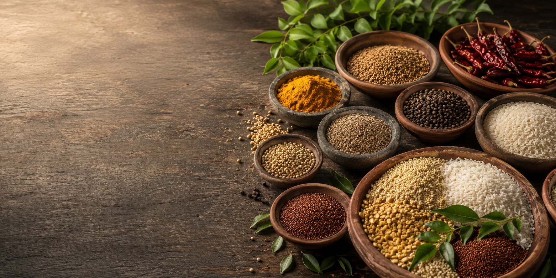 Indian spices, millets and flours arranged on a handcrafted table
